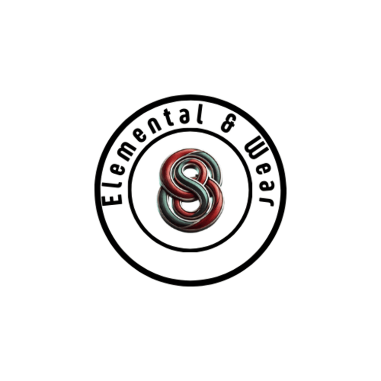 elemental and wear logo featuring abstract figure eight in green blending into red.