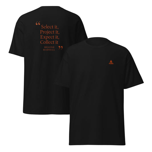 Helene Hadsell Manifestation Quote T-Shirt – Unisex Black Cotton Tee with Burnt Orange Print - Elemental Wear